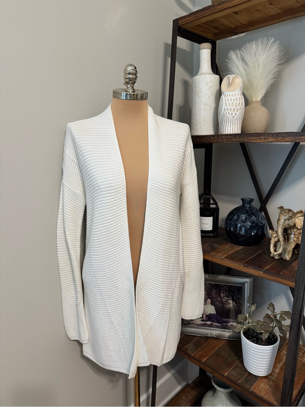 Vince White Cotton Open Front Drape Cardigan MED Lightweight Ribbed